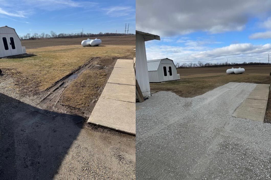 Before and after photo: a driveway transitioning from dirt to gravel. Structures and propane tanks are in the background.