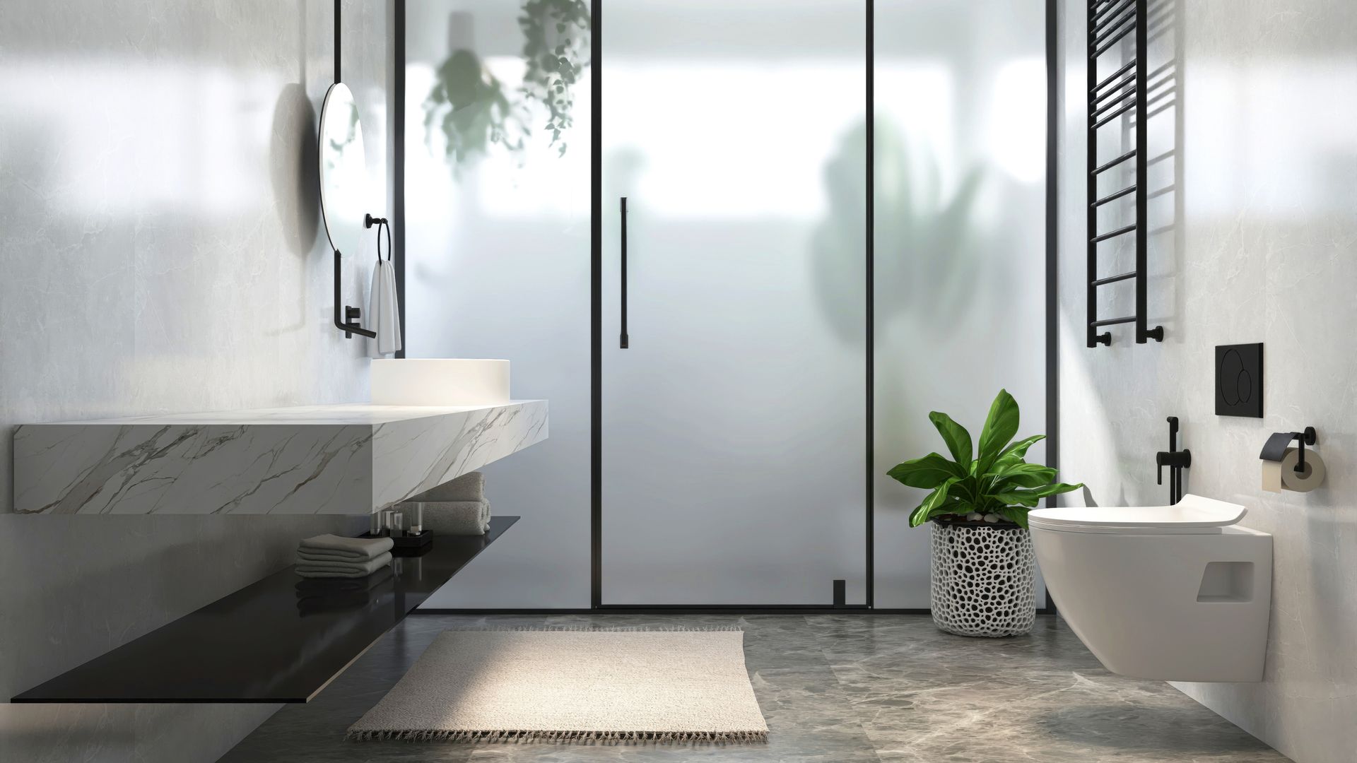 Modern bathroom with marble vanity counter, white washbasin, round mirror, commercial glass shower. Modern bathroom with marble vanity counter, white washbasin, round mirror, commercial glass shower.