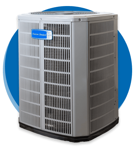Gray outdoor air conditioner unit with a blue logo on a white background