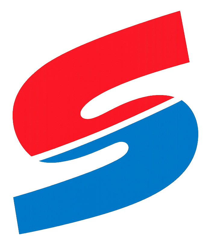 Abstract red and blue interlocking S-shaped logo on a white background