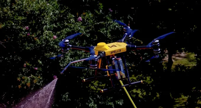 Drone spraying liquid onto a tree, outdoors. Yellow body, blue propellers.