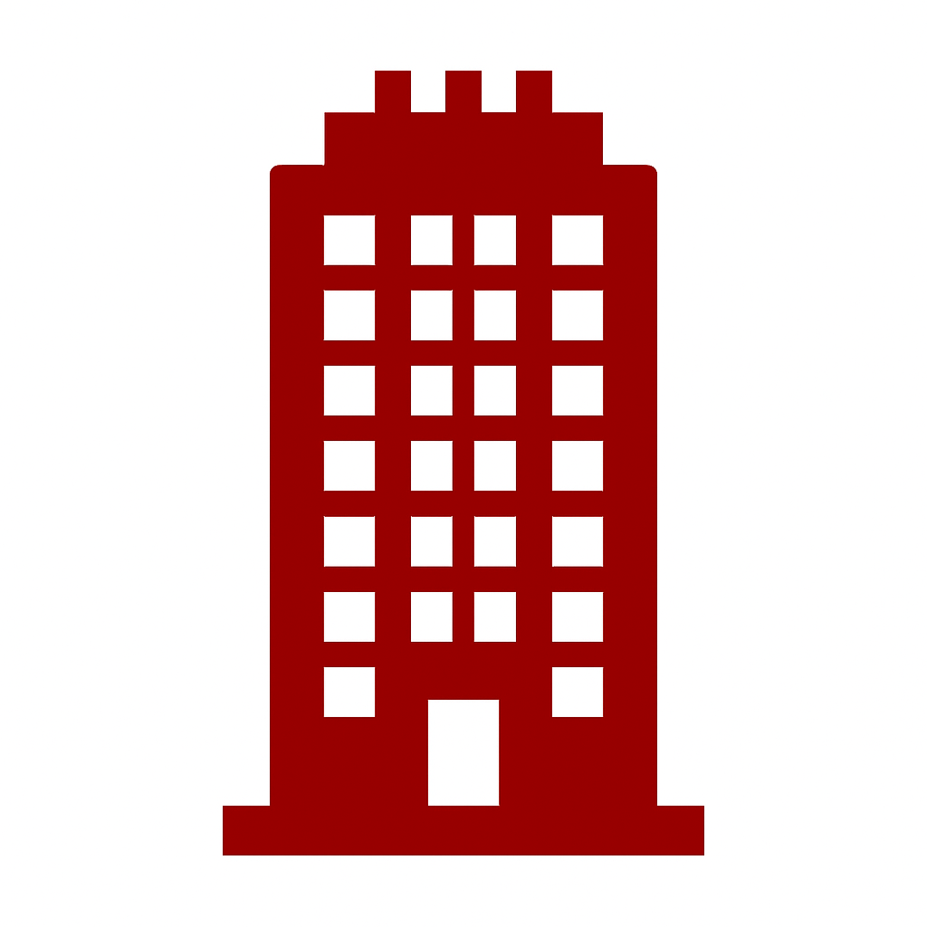 Red silhouette of a tall office building with multiple windows.