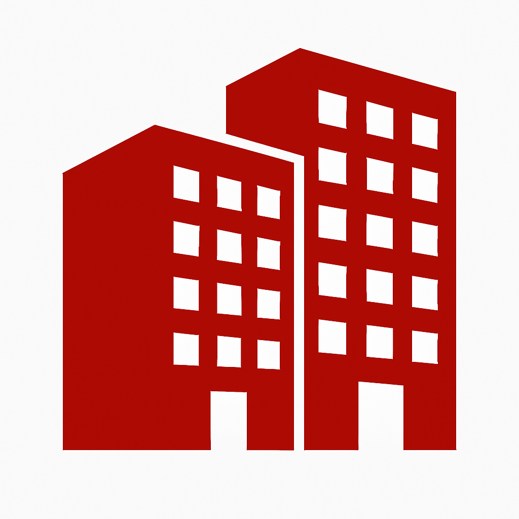 Red icon of two adjacent high-rise buildings with multiple white square windows.