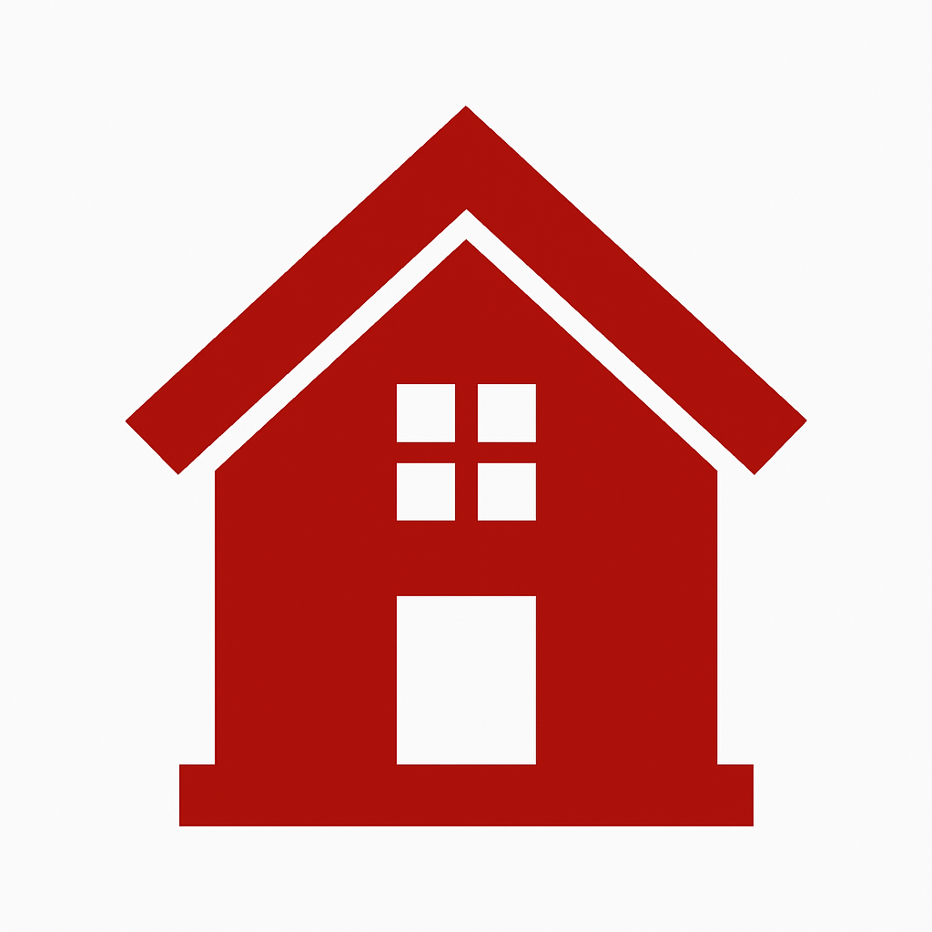 Red house icon with a square door and a four-pane window.