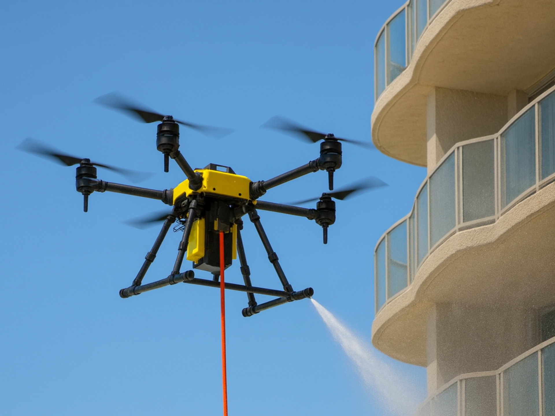 Drone spraying water on a building exterior. Yellow drone, blue sky, and a curved balcony.