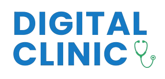 Un logotipo azul y verde para una clínica digital con un estetoscopio.
