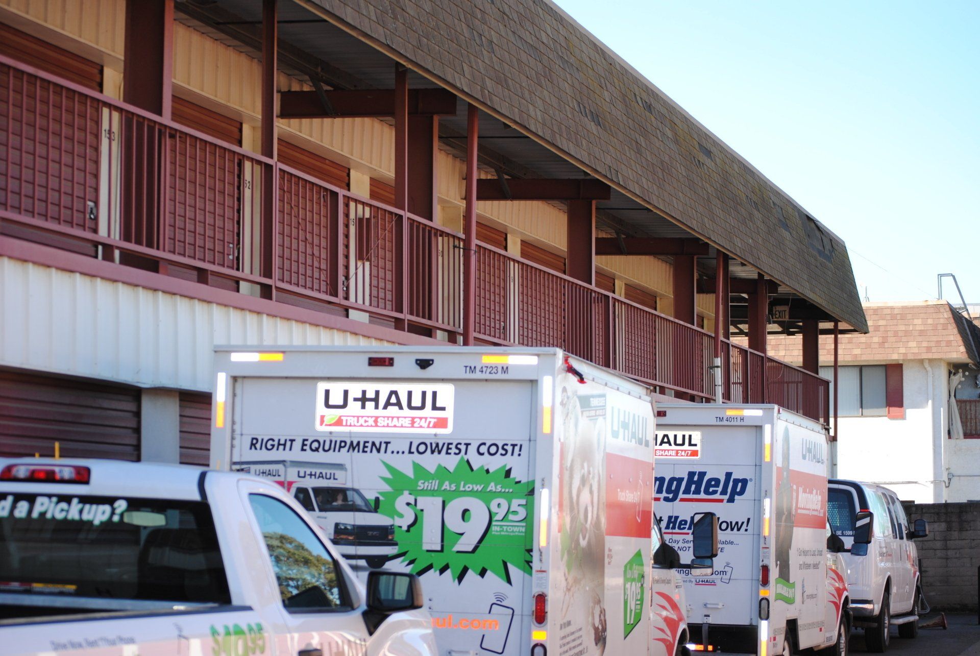 Stonegate Self Storage units with Uhaul trucks.
