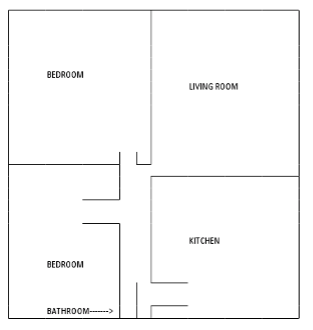 Eighth Street Apartments approximate floor plan for two bedroom one bathroom apartment.