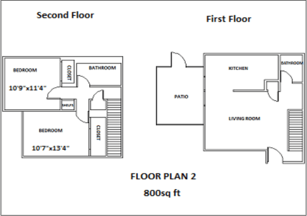 Crescent Vill and Regency Arms Apartments approximate floor plan for two bedroom one and a half bathroom townhome.