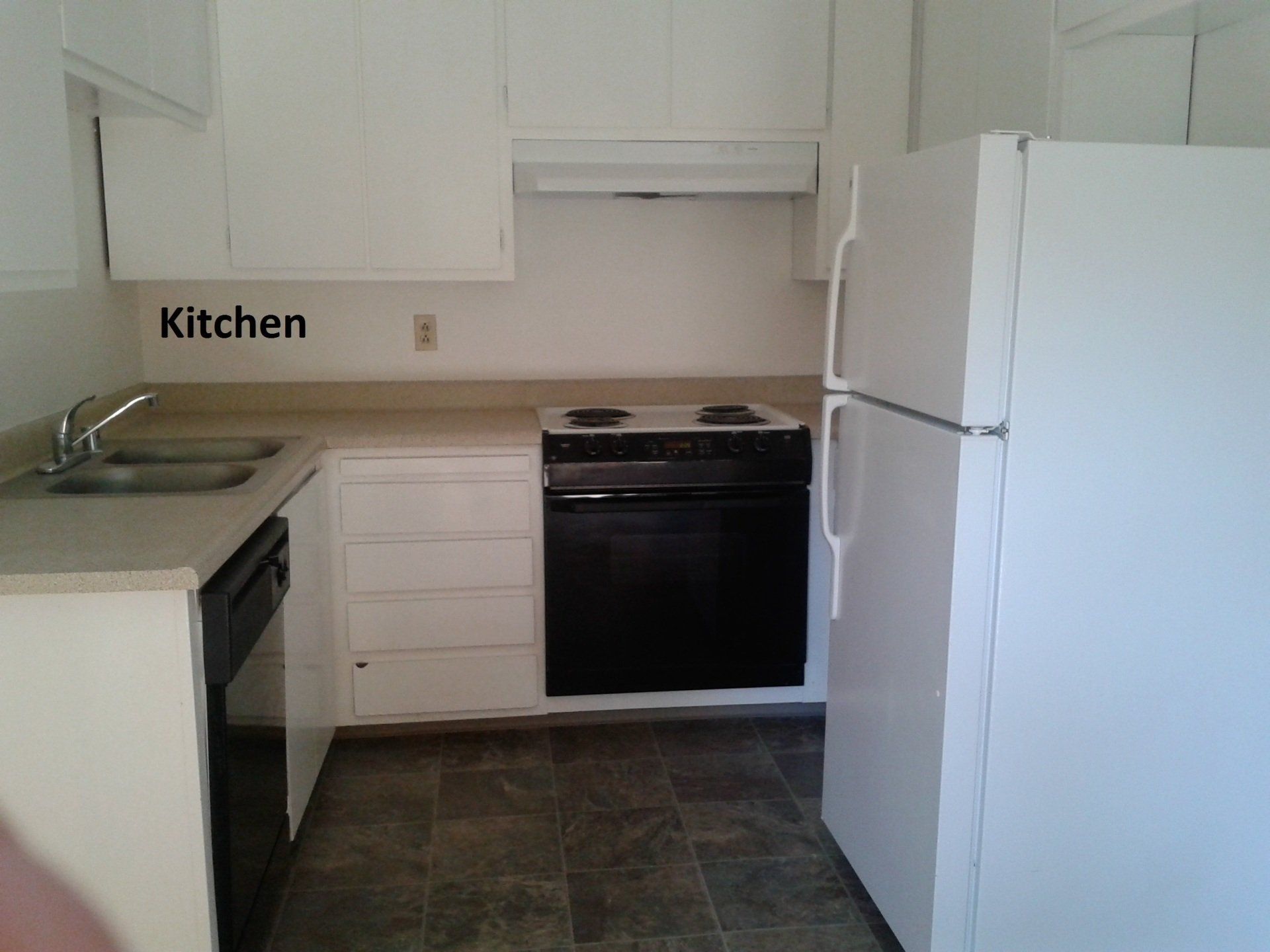 Kitchen with white refrigerator and black stove and dishwasher