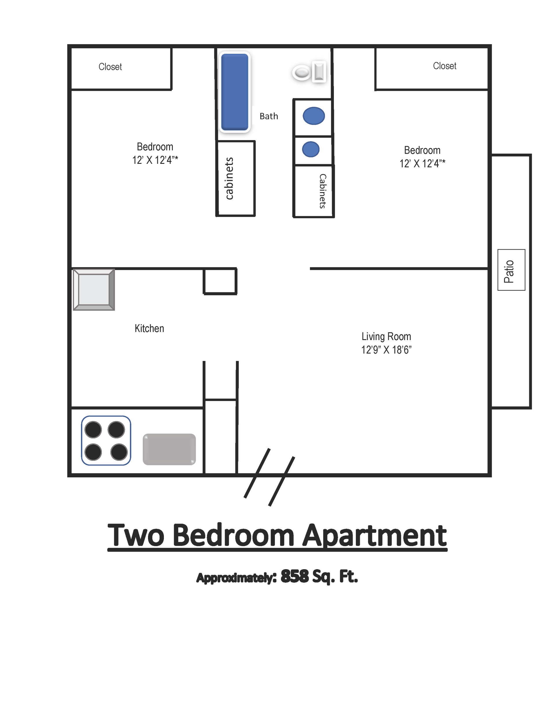 Parque Plaza Apartments approximate floor plan - Two Bedroom Apartment 858 square feet