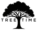 Black silhouette of a tree with spreading branches, text "TREE TIME" below.