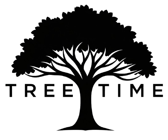Black silhouette of a tree with spreading branches, text "TREE TIME" below.