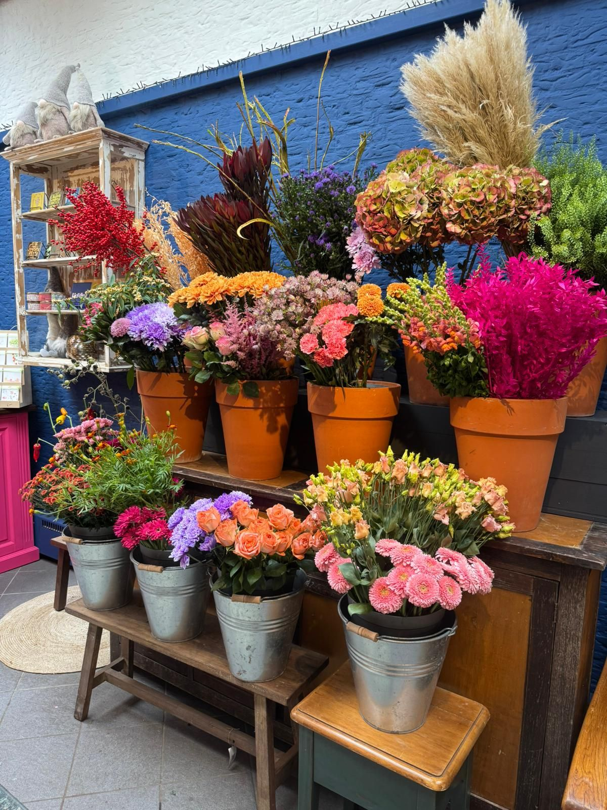 Een bloemstuk in meerdere lagen tegen een blauwe muur toont diverse potplanten, waaronder hortensia's, rozen en siergrassen.