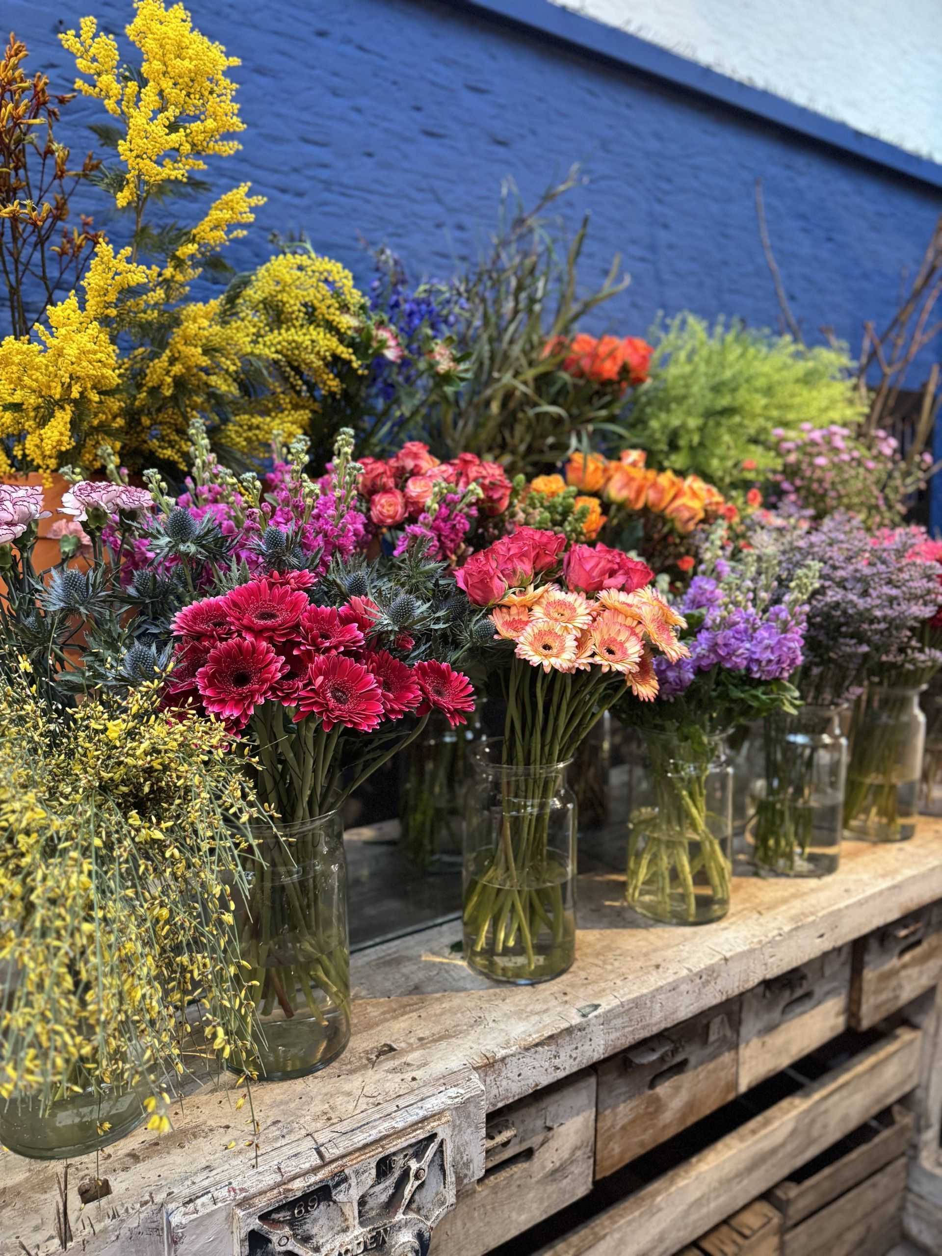 Levendige arrangementen van kleurrijke bloemen in glazen vazen ​​staan ​​op een rustieke houten tafel tegen een felblauwe muur.