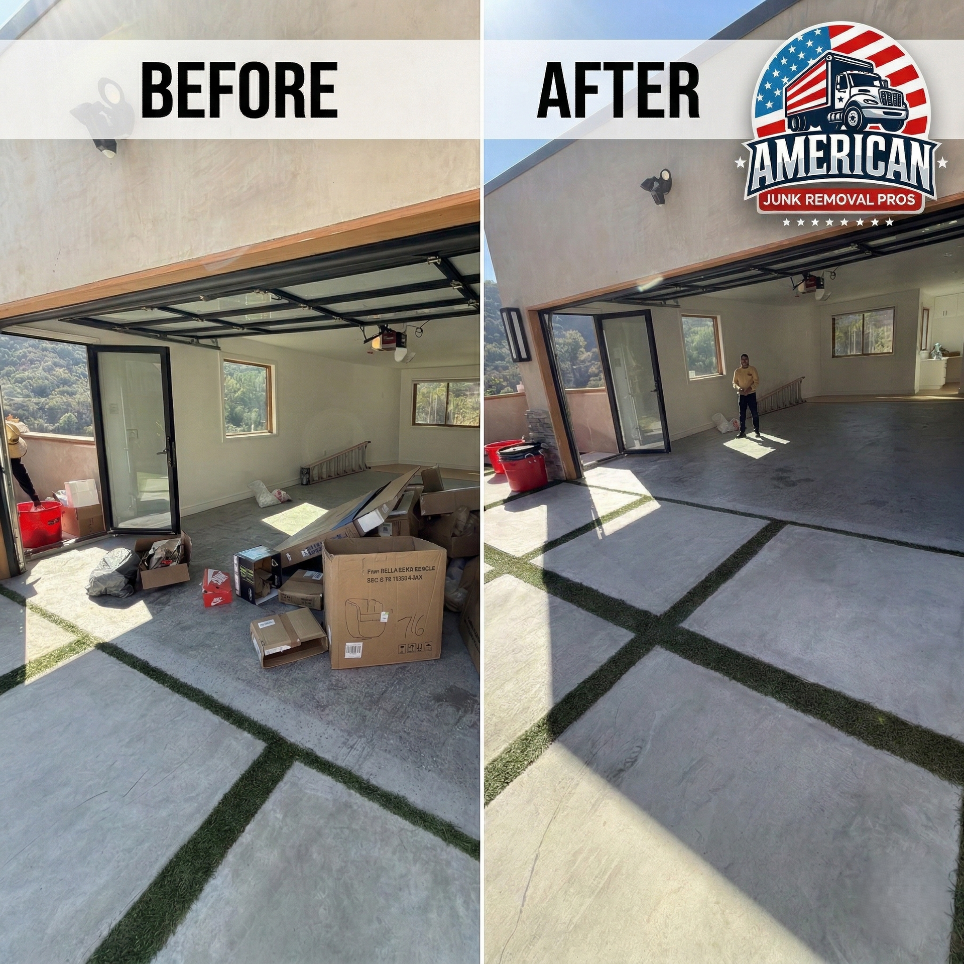 Before and after of a room cleared of debris. Grassy concrete floor, glass doors, tan walls, and American Junk Removal logo.