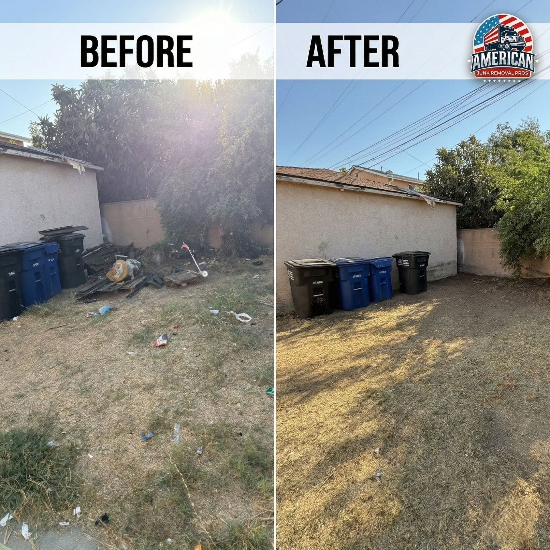 Before and after of a yard cleanup. Trash removed; yard cleared. Trash cans in both views.