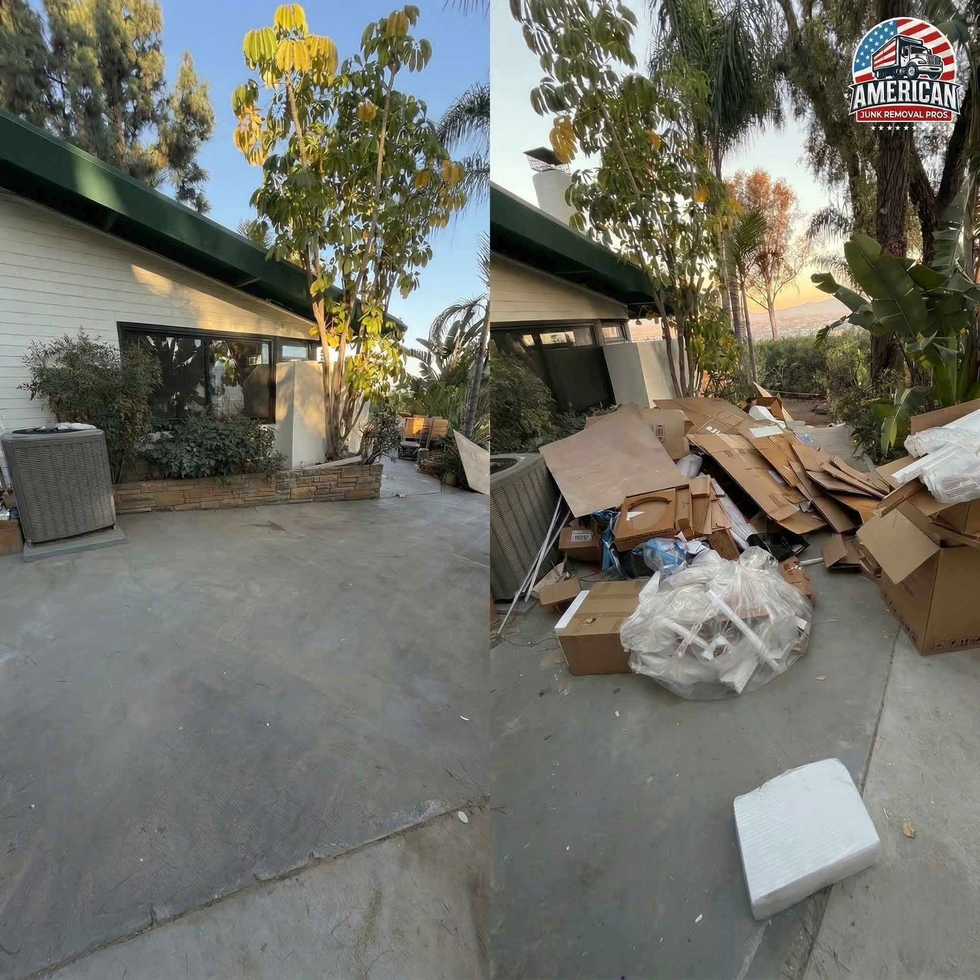 Before and after view of a house exterior. Left side clear, right side with a pile of debris and trash.