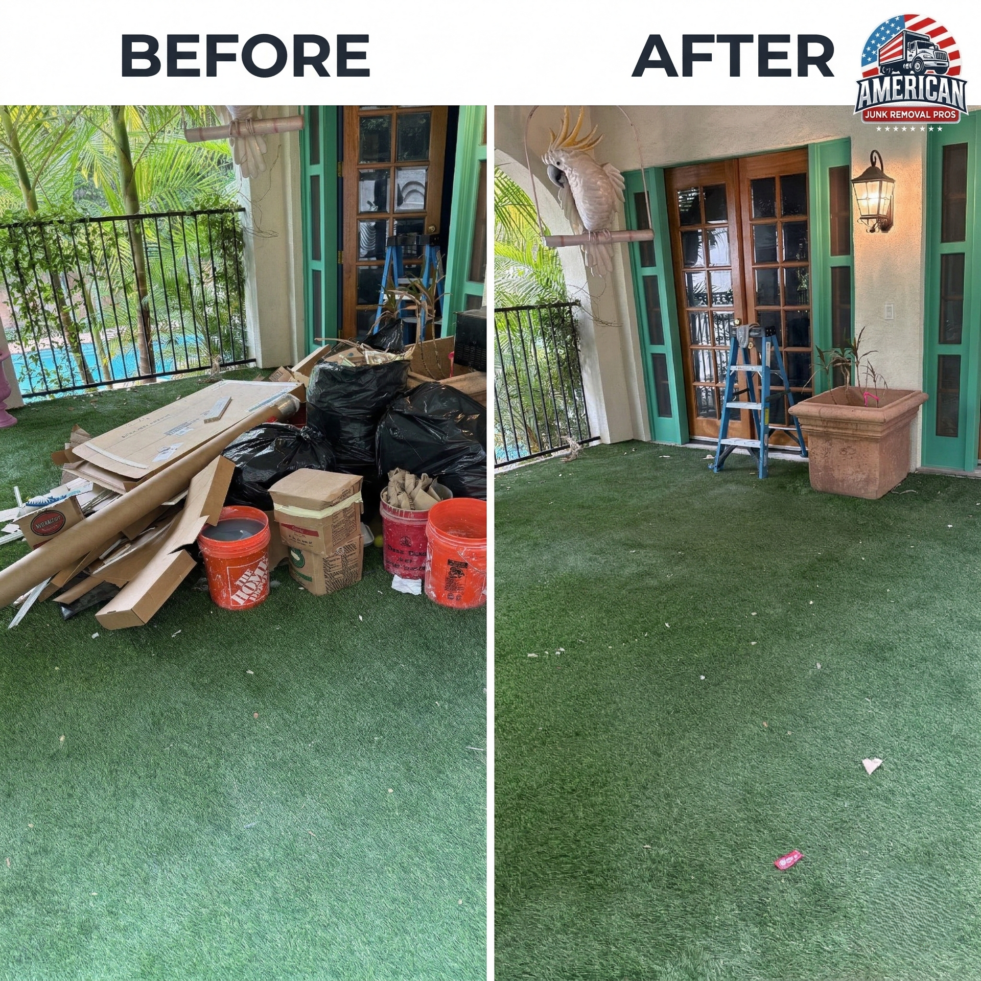 Before and after view of a balcony cleanup. Green turf, wood doors, debris removed to reveal clean space.