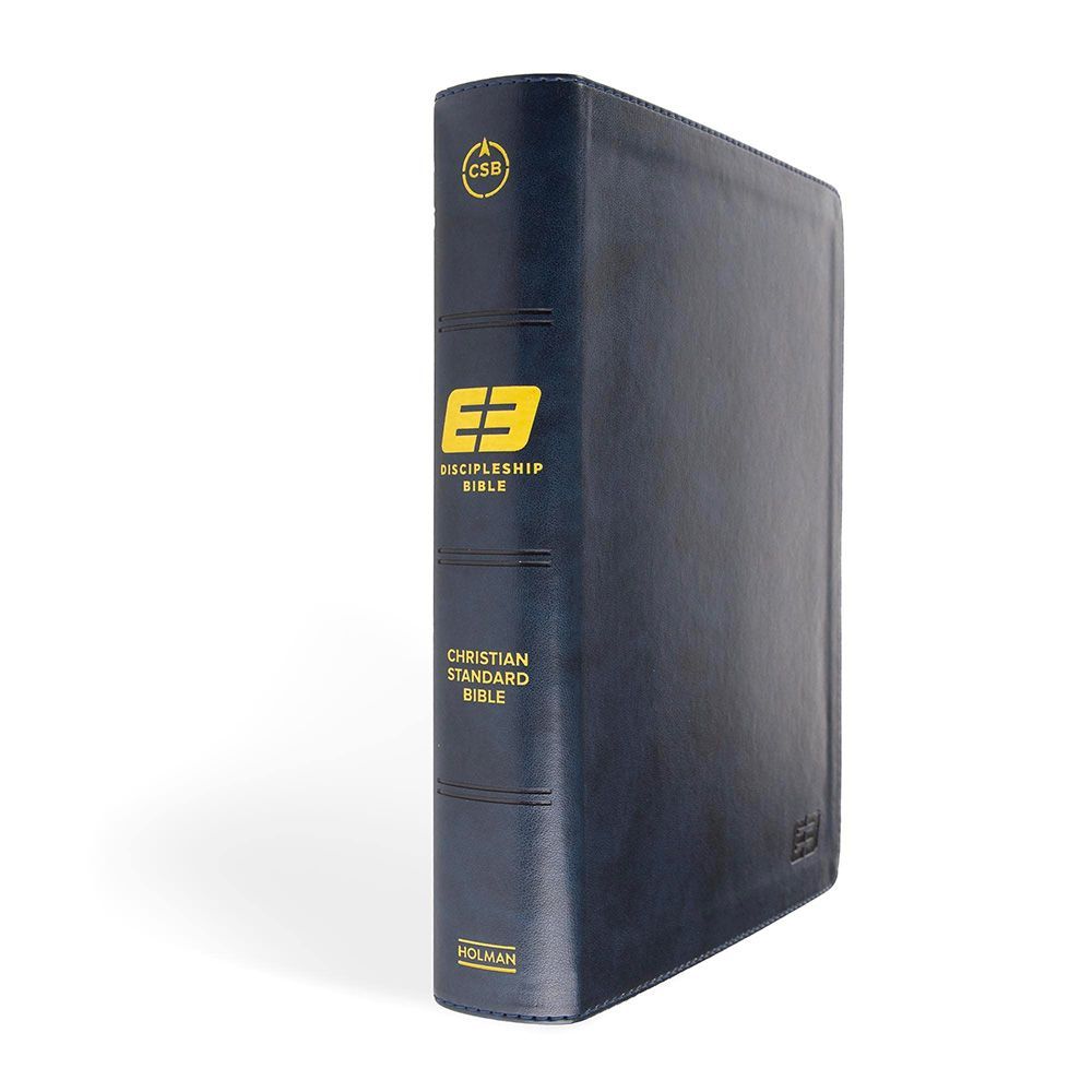 Sample images of FCA's navy blue leather E3 Discipleship Bible for athletes