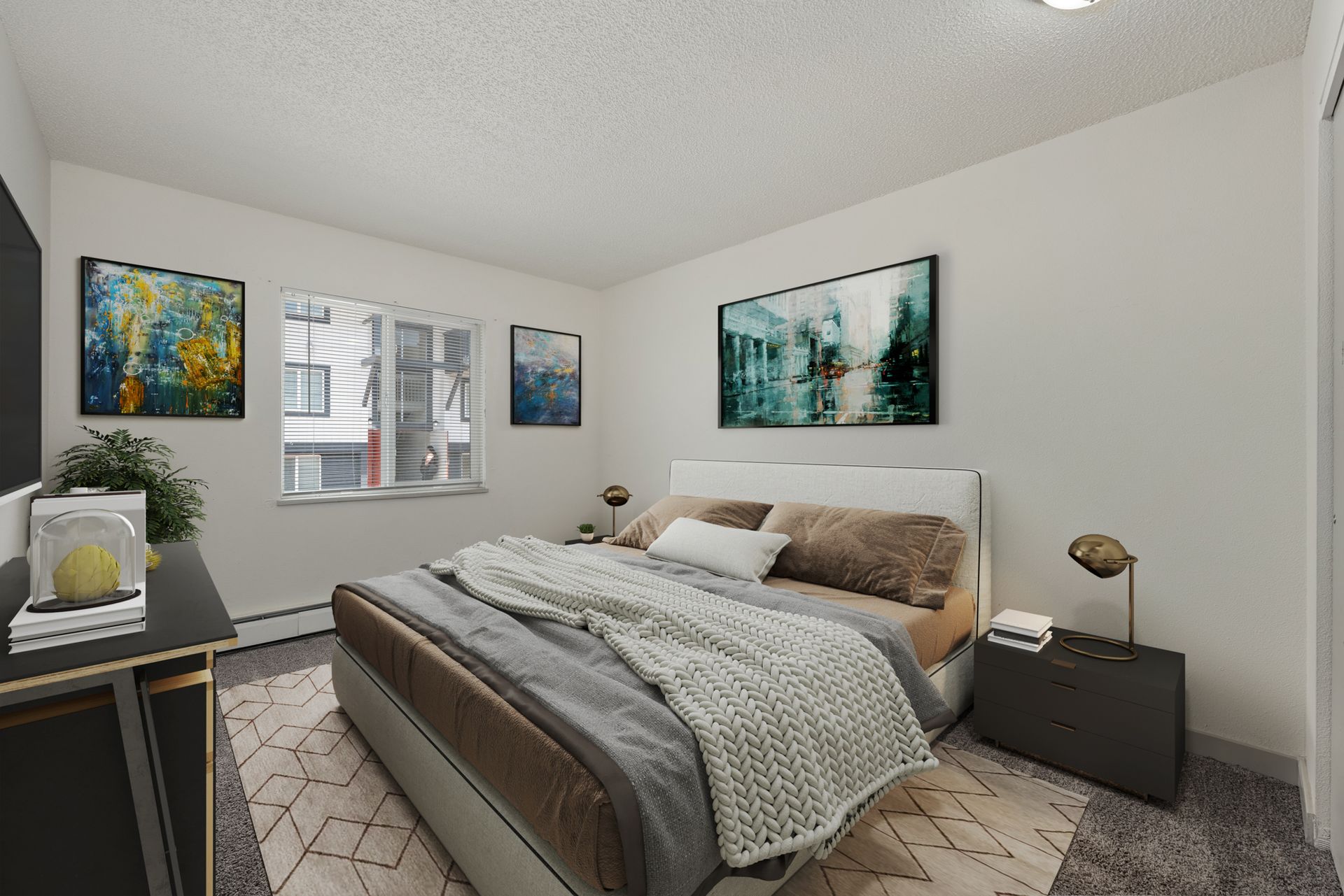 Photo showing a bedroom with a window looking out to a building across