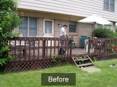 A before picture of a deck with a man standing on it