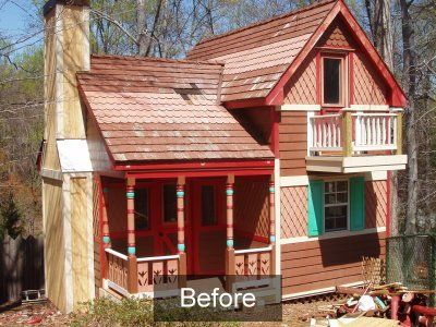 A before picture of a house with a red porch