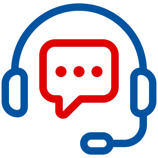 A red and blue icon of a headset with a speech bubble.