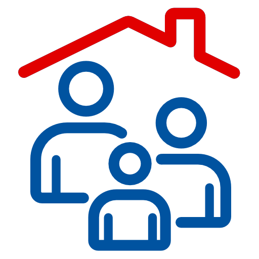 A blue and red icon of a family in a house.