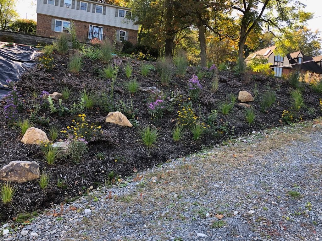 A gravel driveway leading to a house surrounded by flowers and rocks.