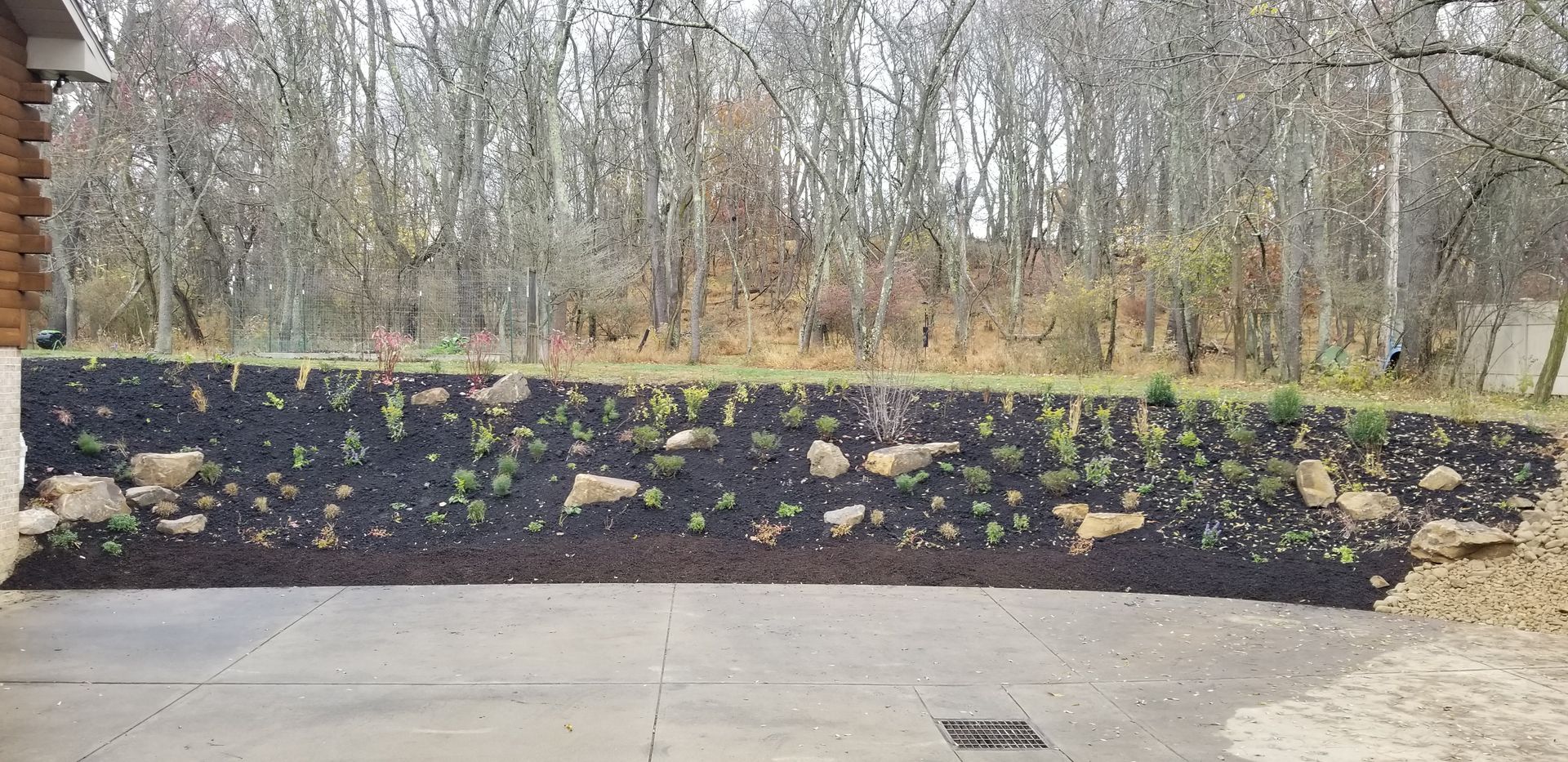 A driveway with a fence and trees in the background.