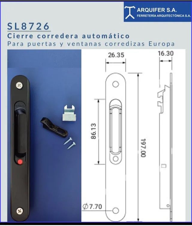 Una imagen de una cerradura de puerta corrediza de vidrio con medidas.