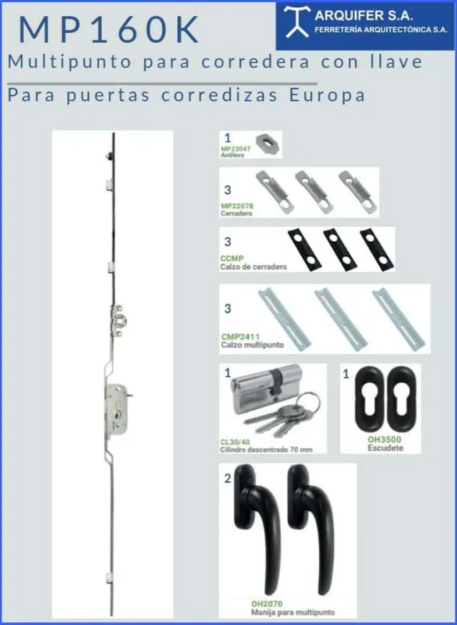 A pamphlet for mp160k multipunto para corredera con llave para puertas corredizas europa