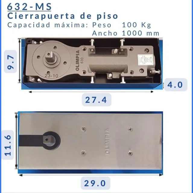 Una imagen de un cierrapuertas con medidas.