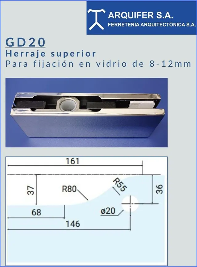 Gd20 herraje superior para fijacion en vidrio de 8 12mm