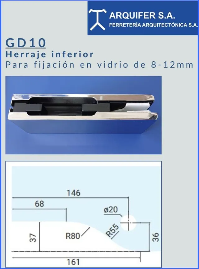 Gd10 herraje interior para fijacion en vidrio de 8 - 12mm