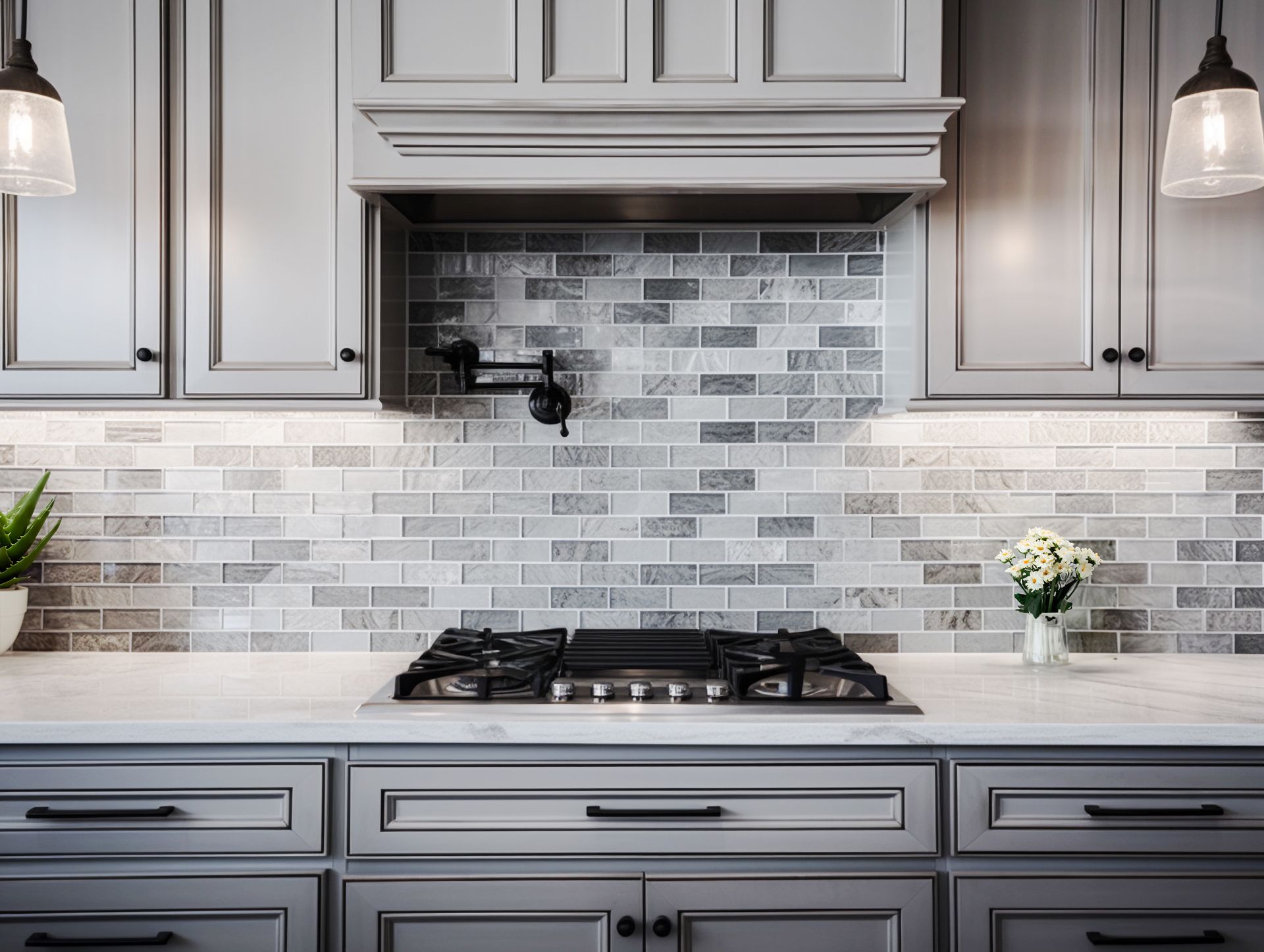 Gray kitchen with stove, range hood, tile backsplash, and cabinets.