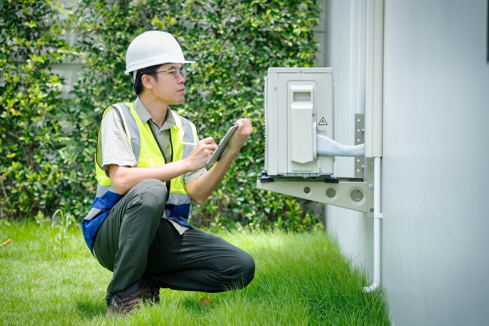 HVAC technician in safety vest and hard hat inspecting an air conditioning unit outdoors.