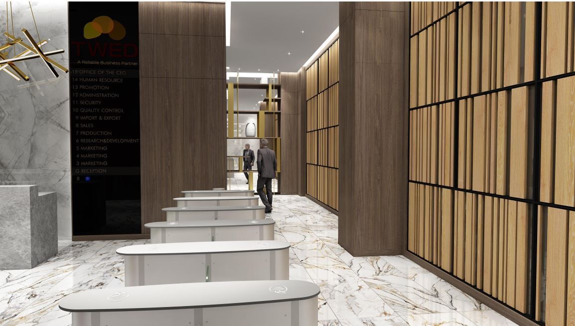 A modern, well-lit hallway with wood paneling and marble flooring. People walk toward the back.