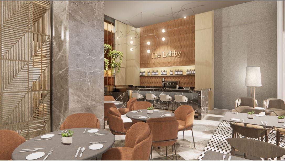 Upscale restaurant interior: tables, chairs, bar, neutral tones, gold accents, and ambient lighting.