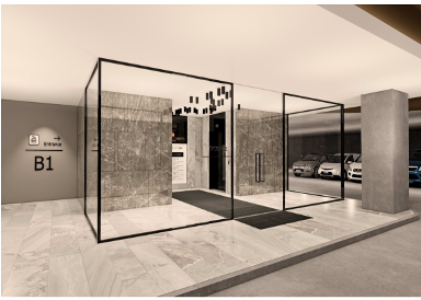 Elevator entrance on B1 level of a building, with glass walls, marble accents, and a car park visible.