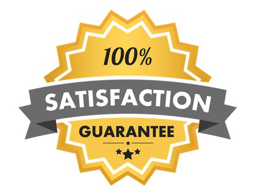 A 100 % satisfaction guarantee badge with a ribbon and stars.