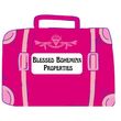 Pink suitcase graphic with “Blessed Bohemian Properties” logo on front