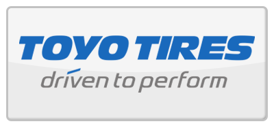Toyo Tires logo in a white rectangle with blue text: