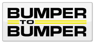 Bumper To Bumper logo with black text, yellow lines on a white background with a reflective effect.