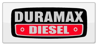 Duramax Diesel logo on a glossy white background. Black and red text within black borders.