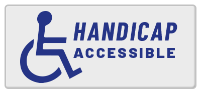 Blue and white handicap accessible sign with a wheelchair symbol and text.