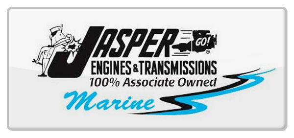 Logo for Jasper Engines & Transmissions: black text and cartoon with blue accent,