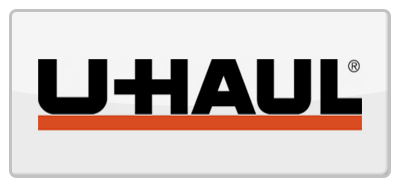 U-Haul logo: black text on orange line, white rectangle with rounded corners.