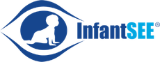 A blue and white logo for infantsee with a baby in the center